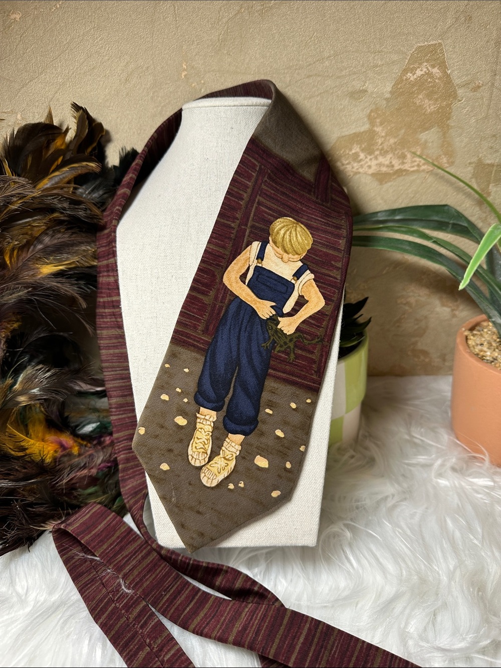 Hand-Painted Boy Motif Burgundy Stripe Silk Tie